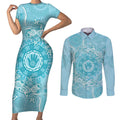 Blue Australia Lizard With Aboriginal Art Couples Matching Short Sleeve Bodycon Dress and Long Sleeve Button Shirt