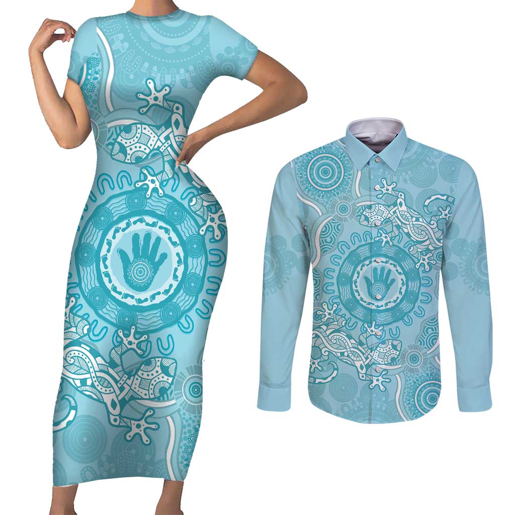 Blue Australia Lizard With Aboriginal Art Couples Matching Short Sleeve Bodycon Dress and Long Sleeve Button Shirt