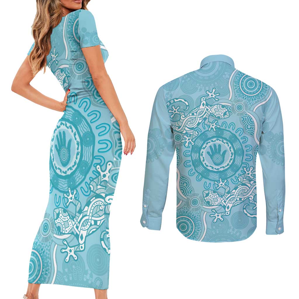Blue Australia Lizard With Aboriginal Art Couples Matching Short Sleeve Bodycon Dress and Long Sleeve Button Shirt