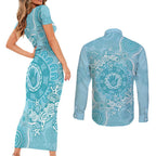 Blue Australia Lizard With Aboriginal Art Couples Matching Short Sleeve Bodycon Dress and Long Sleeve Button Shirt