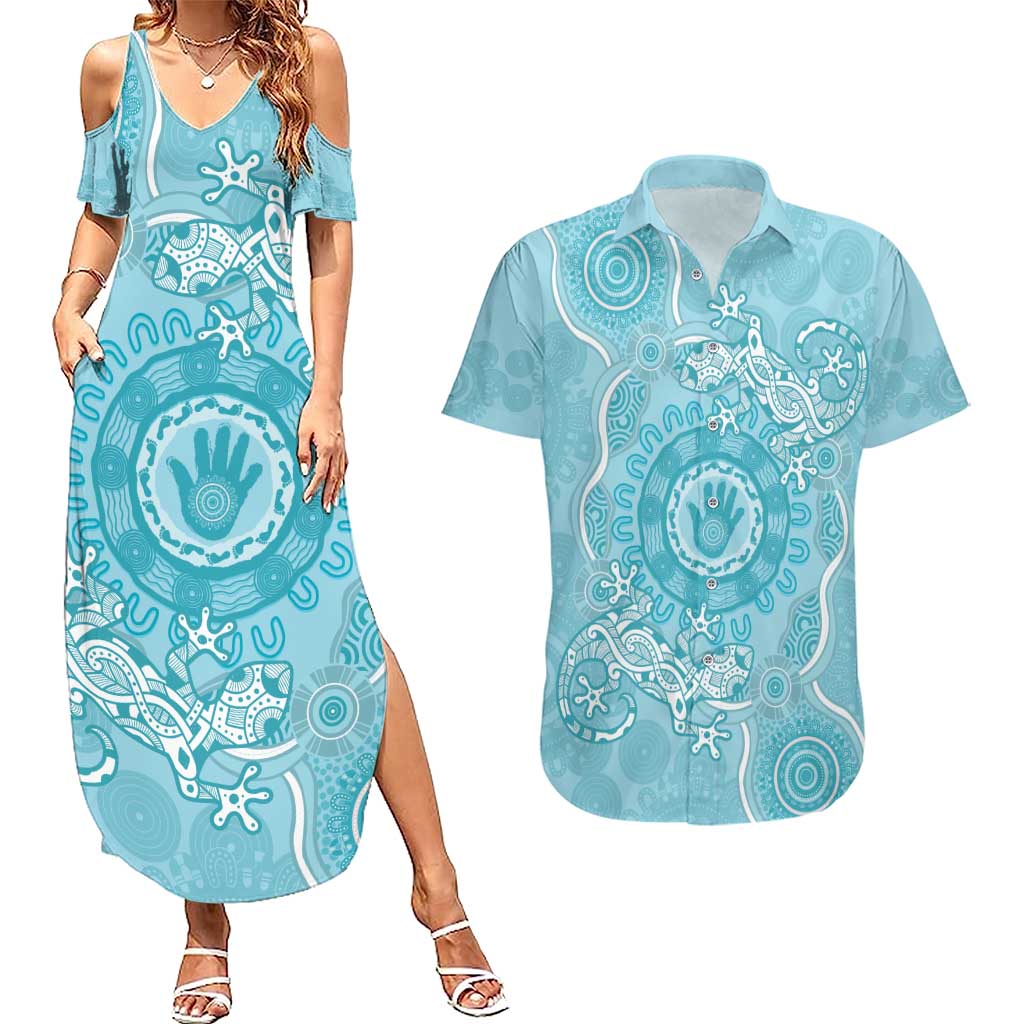 Blue Australia Lizard With Aboriginal Art Couples Matching Summer Maxi Dress and Hawaiian Shirt