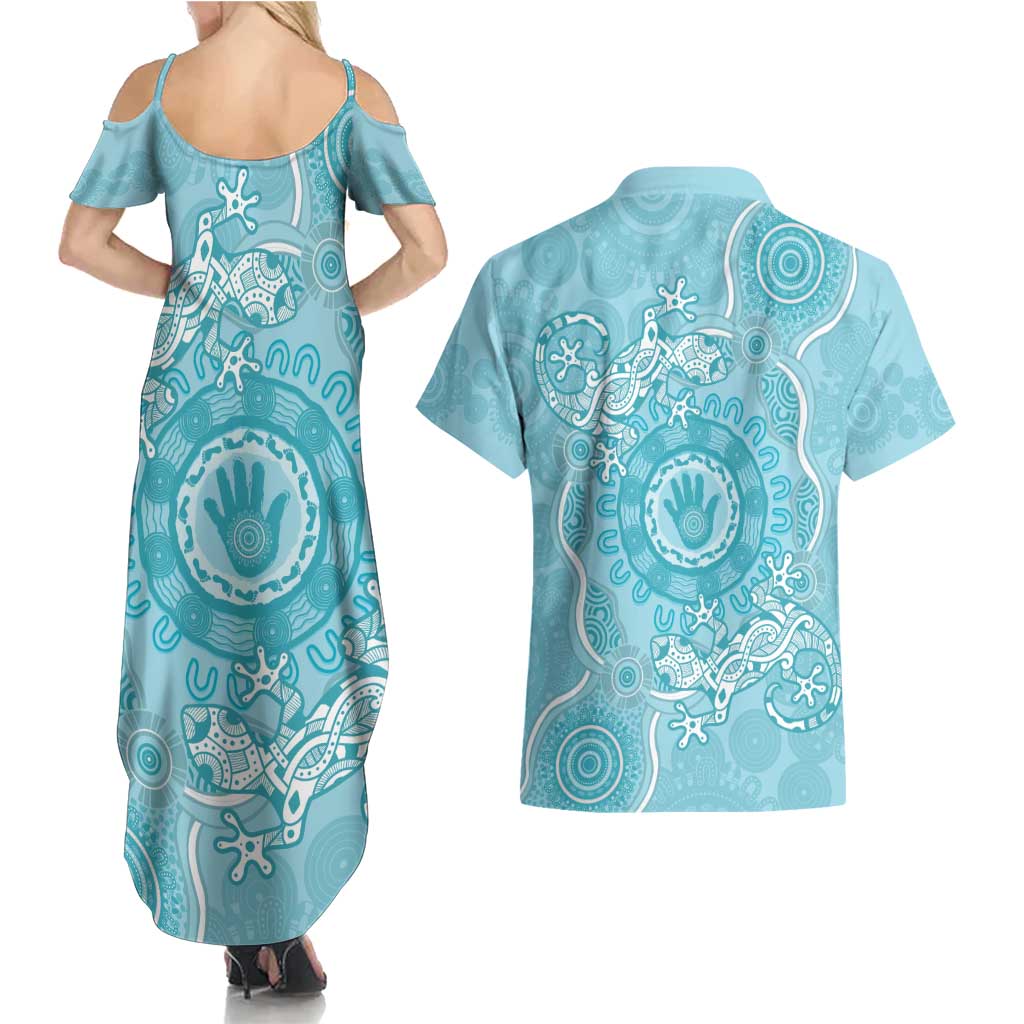 Blue Australia Lizard With Aboriginal Art Couples Matching Summer Maxi Dress and Hawaiian Shirt