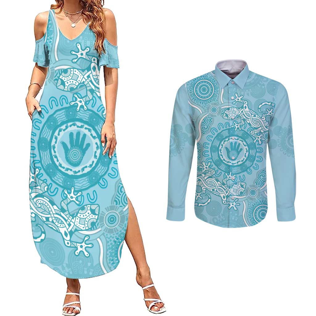 Blue Australia Lizard With Aboriginal Art Couples Matching Summer Maxi Dress and Long Sleeve Button Shirt
