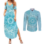 Blue Australia Lizard With Aboriginal Art Couples Matching Summer Maxi Dress and Long Sleeve Button Shirt