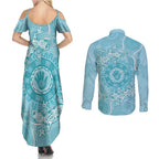 Blue Australia Lizard With Aboriginal Art Couples Matching Summer Maxi Dress and Long Sleeve Button Shirt