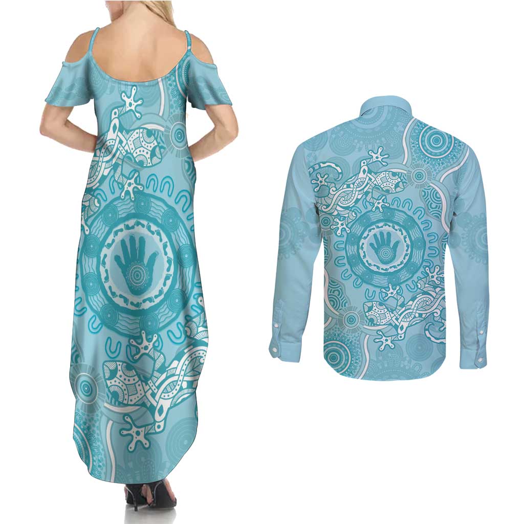 Blue Australia Lizard With Aboriginal Art Couples Matching Summer Maxi Dress and Long Sleeve Button Shirt