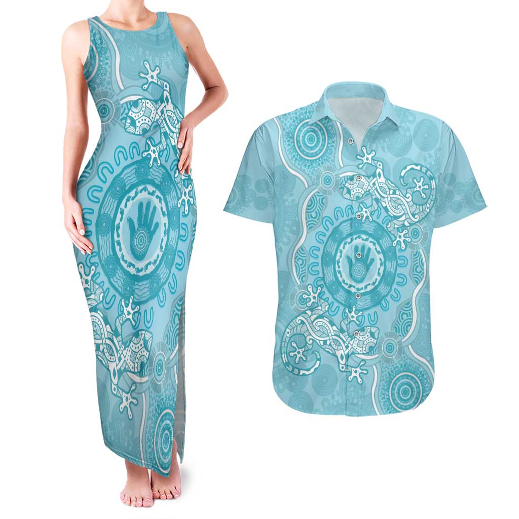 Blue Australia Lizard With Aboriginal Art Couples Matching Tank Maxi Dress and Hawaiian Shirt