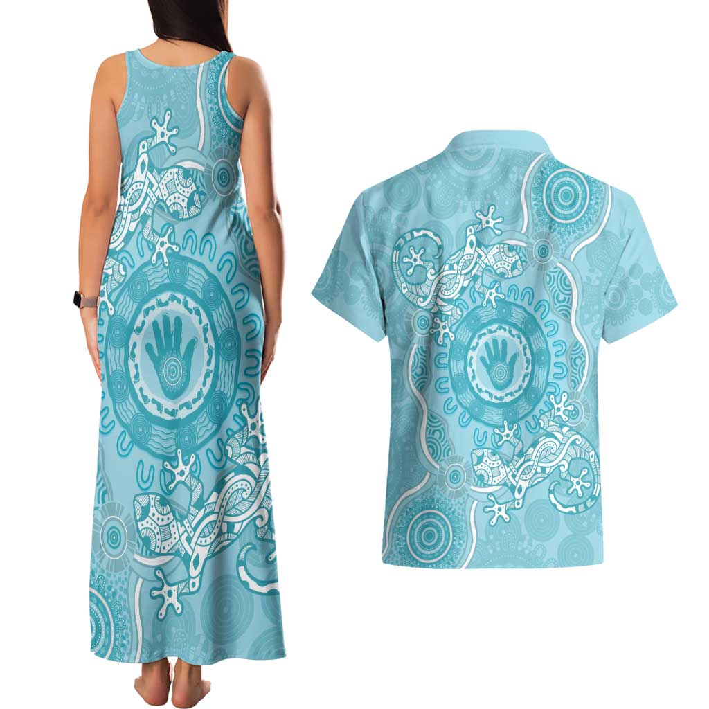 Blue Australia Lizard With Aboriginal Art Couples Matching Tank Maxi Dress and Hawaiian Shirt