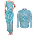 Blue Australia Lizard With Aboriginal Art Couples Matching Tank Maxi Dress and Long Sleeve Button Shirt