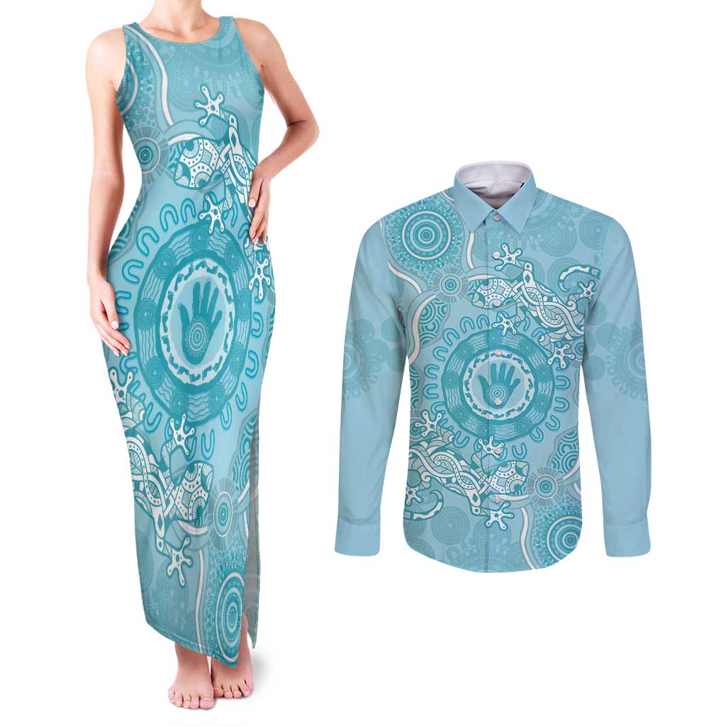 Blue Australia Lizard With Aboriginal Art Couples Matching Tank Maxi Dress and Long Sleeve Button Shirt
