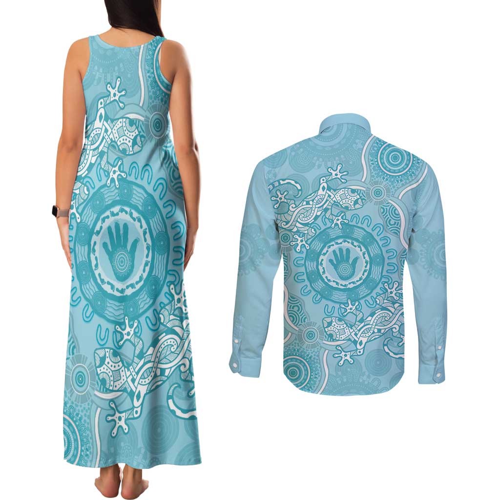Blue Australia Lizard With Aboriginal Art Couples Matching Tank Maxi Dress and Long Sleeve Button Shirt