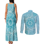 Blue Australia Lizard With Aboriginal Art Couples Matching Tank Maxi Dress and Long Sleeve Button Shirt