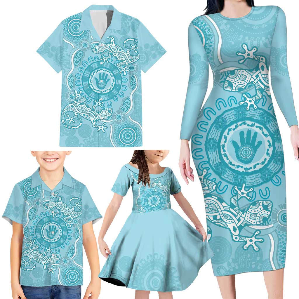Blue Australia Lizard With Aboriginal Art Family Matching Long Sleeve Bodycon Dress and Hawaiian Shirt