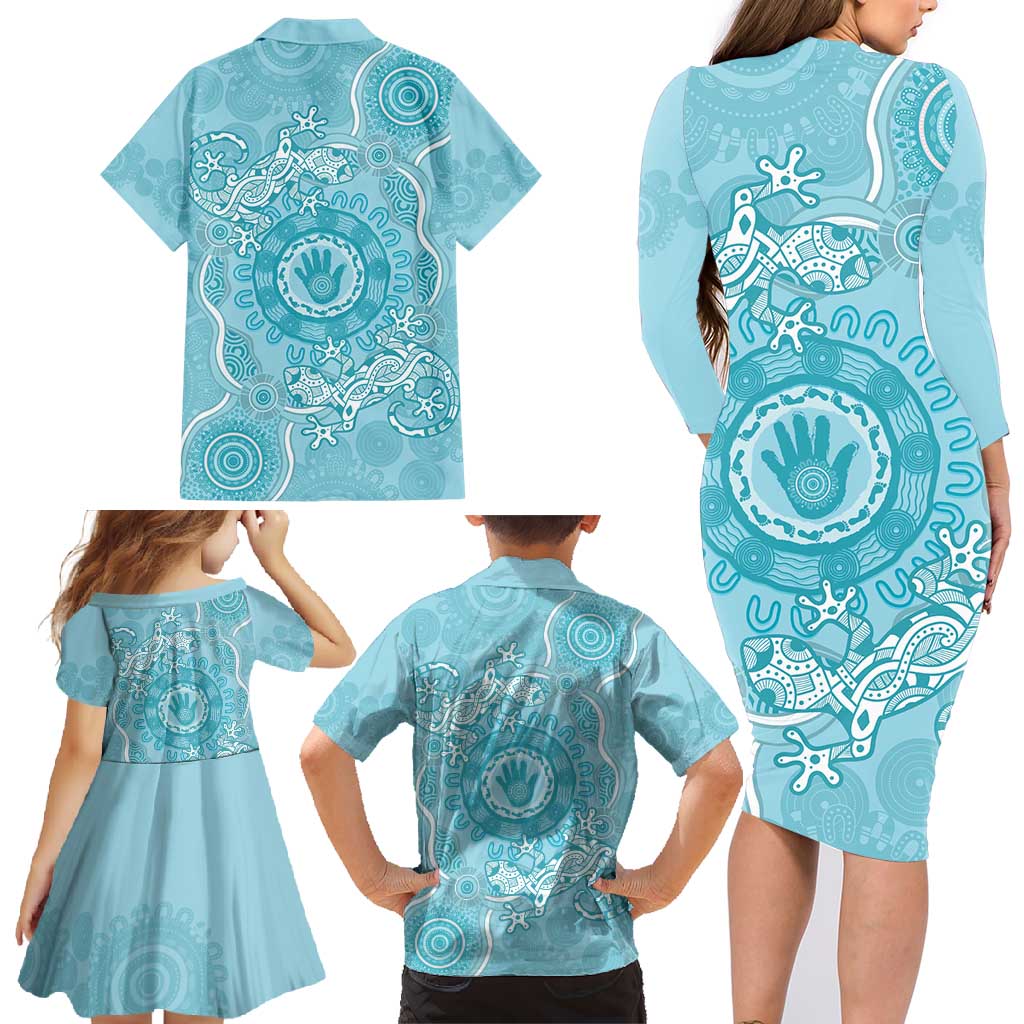 Blue Australia Lizard With Aboriginal Art Family Matching Long Sleeve Bodycon Dress and Hawaiian Shirt
