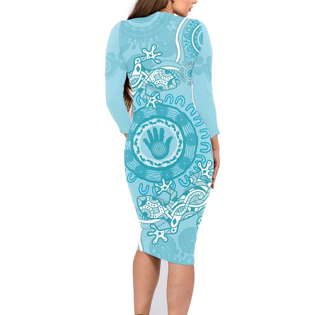 Blue Australia Lizard With Aboriginal Art Family Matching Long Sleeve Bodycon Dress and Hawaiian Shirt