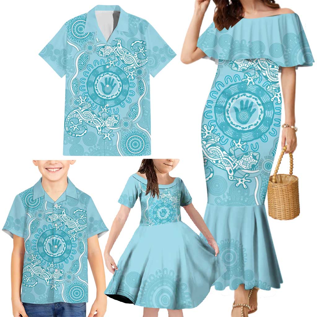 Blue Australia Lizard With Aboriginal Art Family Matching Mermaid Dress and Hawaiian Shirt