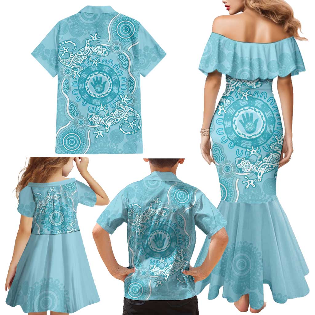 Blue Australia Lizard With Aboriginal Art Family Matching Mermaid Dress and Hawaiian Shirt
