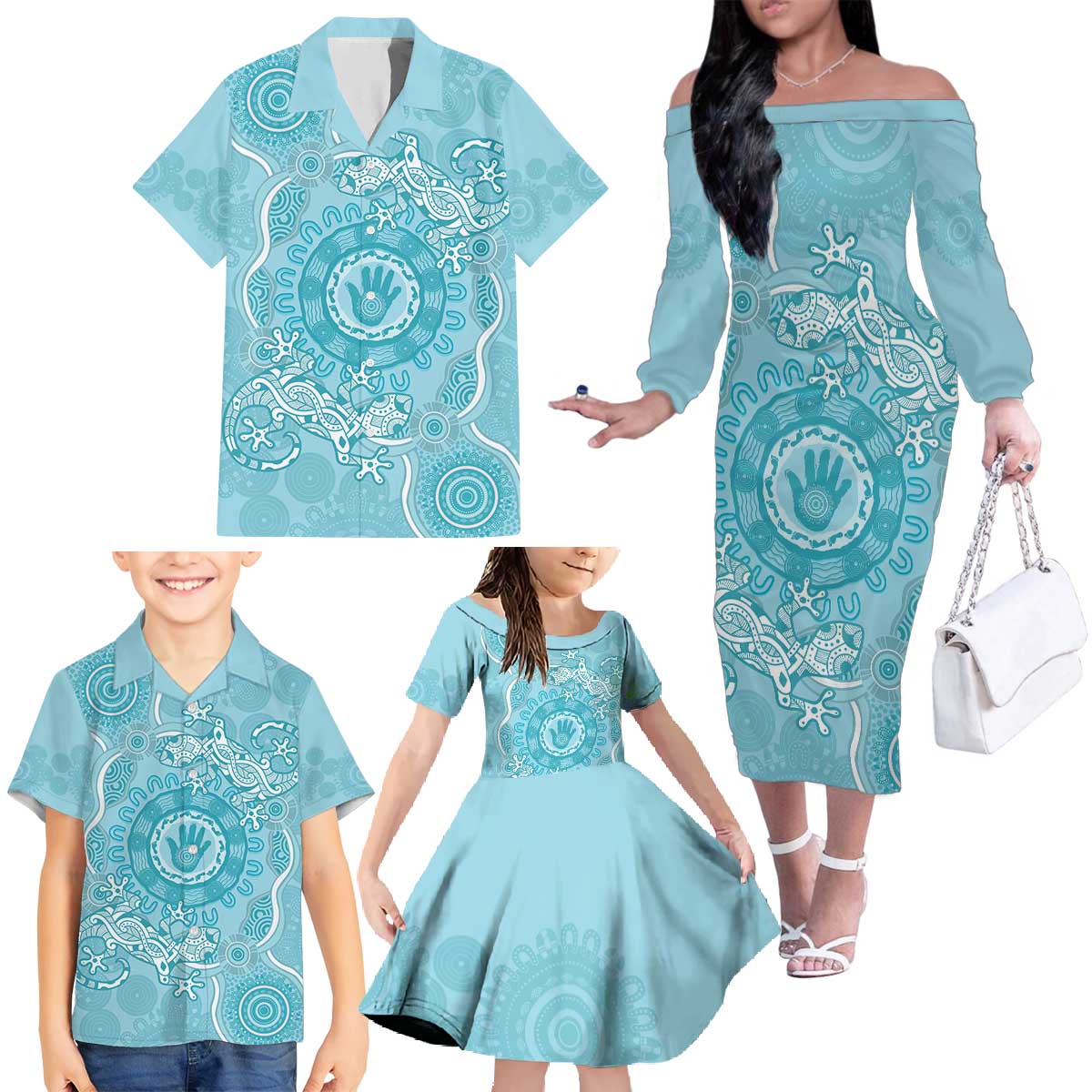 Blue Australia Lizard With Aboriginal Art Family Matching Off The Shoulder Long Sleeve Dress and Hawaiian Shirt