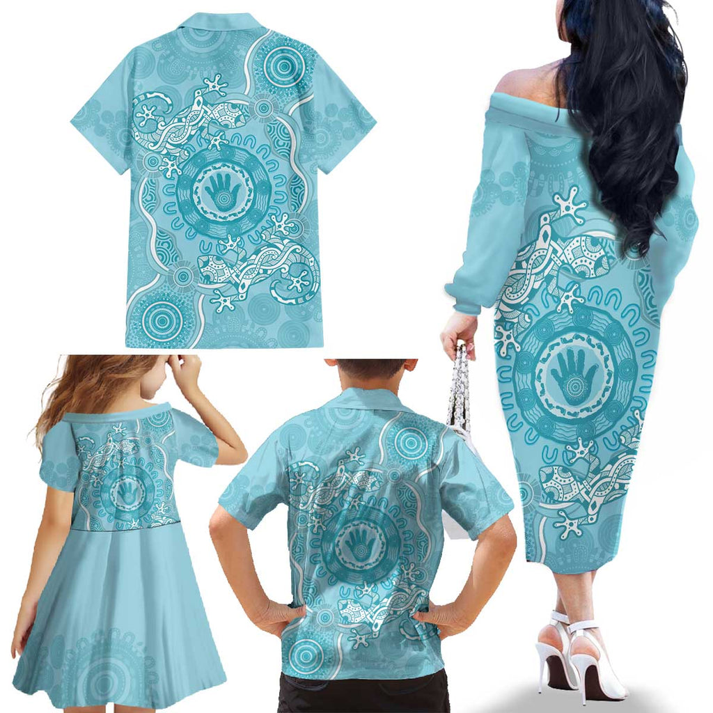 Blue Australia Lizard With Aboriginal Art Family Matching Off The Shoulder Long Sleeve Dress and Hawaiian Shirt