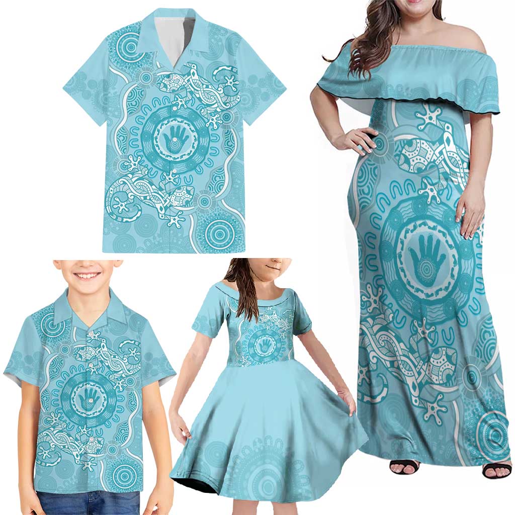 Blue Australia Lizard With Aboriginal Art Family Matching Off Shoulder Maxi Dress and Hawaiian Shirt