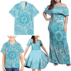 Blue Australia Lizard With Aboriginal Art Family Matching Off Shoulder Maxi Dress and Hawaiian Shirt