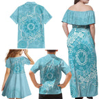 Blue Australia Lizard With Aboriginal Art Family Matching Off Shoulder Maxi Dress and Hawaiian Shirt