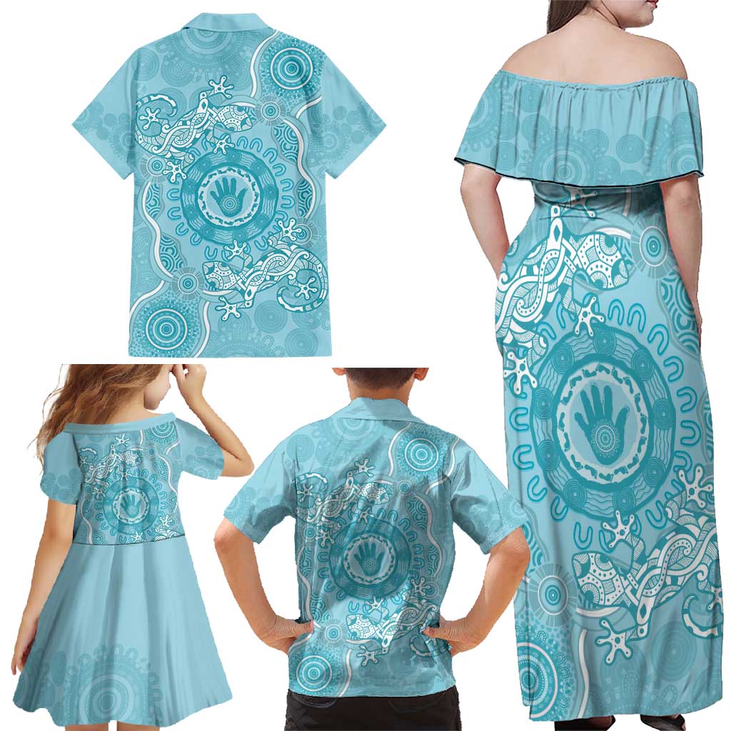 Blue Australia Lizard With Aboriginal Art Family Matching Off Shoulder Maxi Dress and Hawaiian Shirt
