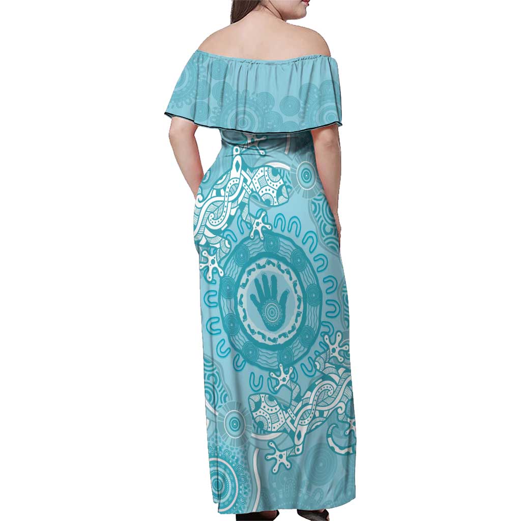 Blue Australia Lizard With Aboriginal Art Family Matching Off Shoulder Maxi Dress and Hawaiian Shirt