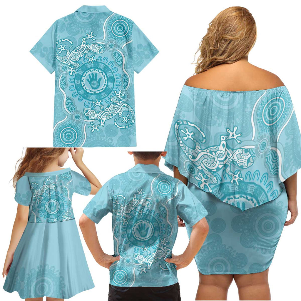 Blue Australia Lizard With Aboriginal Art Family Matching Off Shoulder Short Dress and Hawaiian Shirt