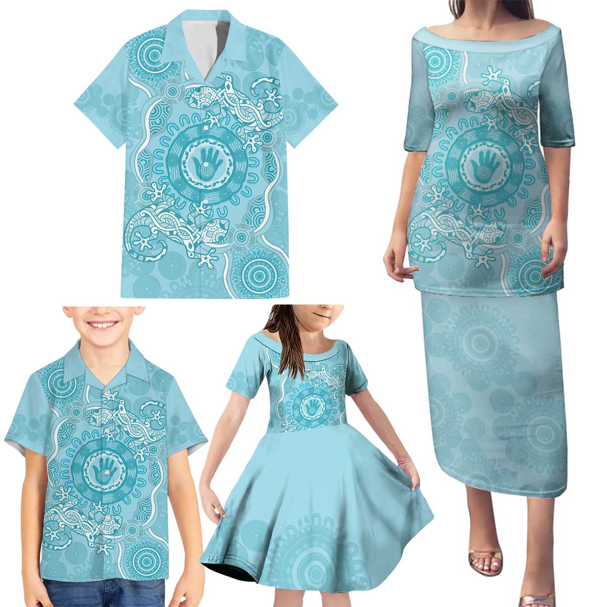 Blue Australia Lizard With Aboriginal Art Family Matching Puletasi and Hawaiian Shirt