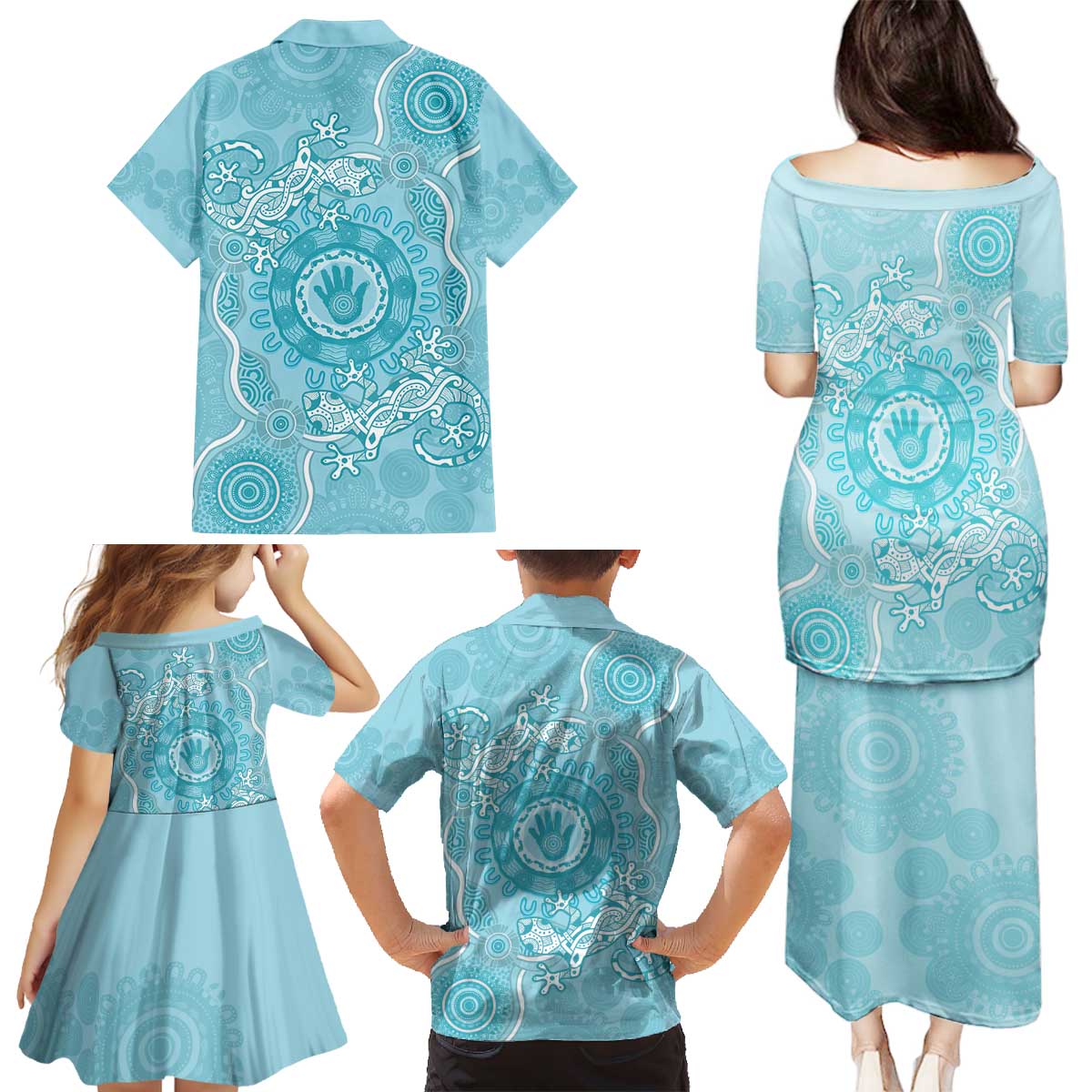 Blue Australia Lizard With Aboriginal Art Family Matching Puletasi and Hawaiian Shirt