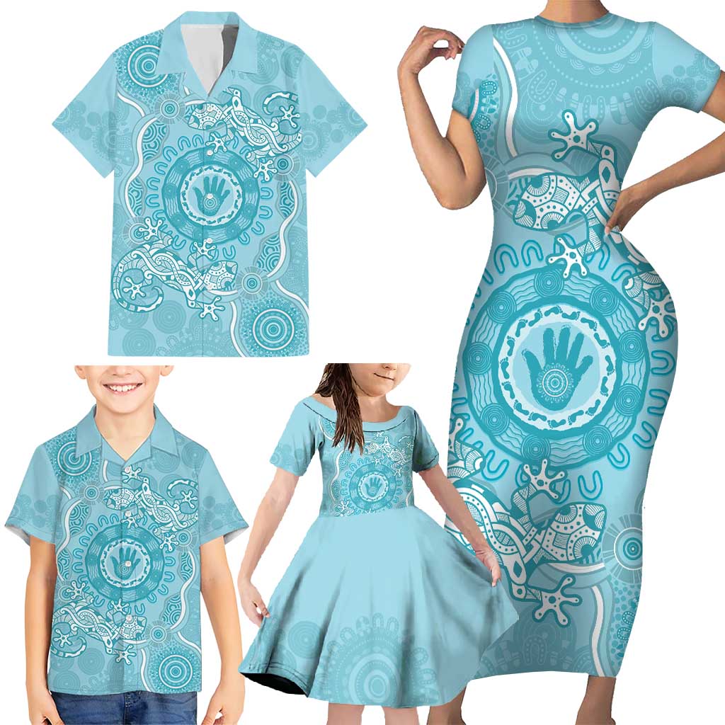 Blue Australia Lizard With Aboriginal Art Family Matching Short Sleeve Bodycon Dress and Hawaiian Shirt