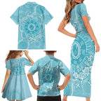 Blue Australia Lizard With Aboriginal Art Family Matching Short Sleeve Bodycon Dress and Hawaiian Shirt