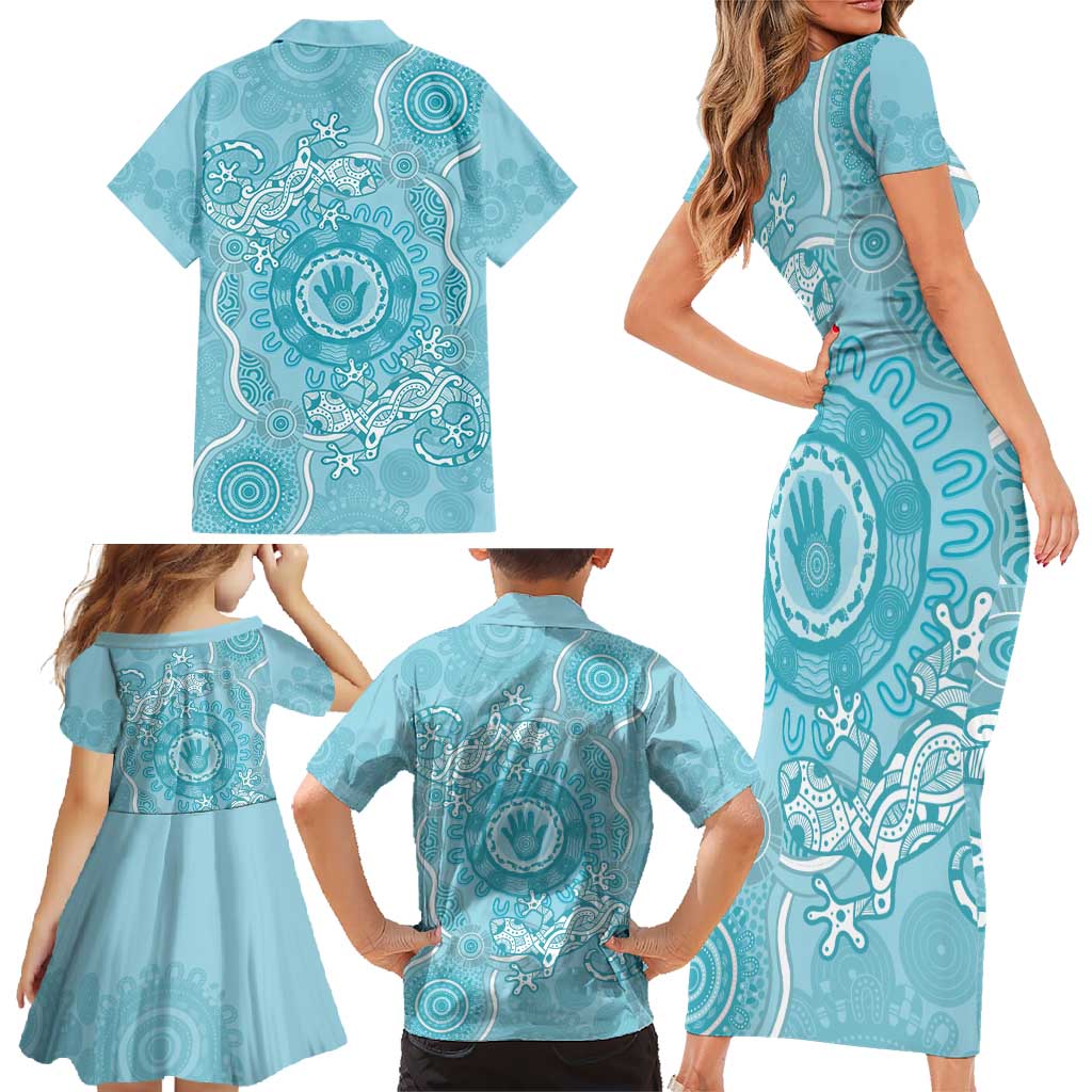 Blue Australia Lizard With Aboriginal Art Family Matching Short Sleeve Bodycon Dress and Hawaiian Shirt