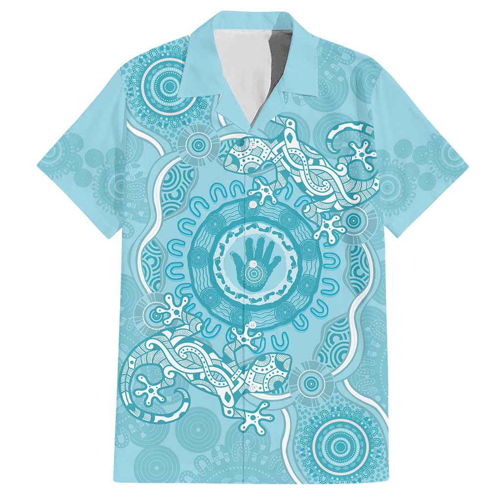 Blue Australia Lizard With Aboriginal Art Family Matching Short Sleeve Bodycon Dress and Hawaiian Shirt