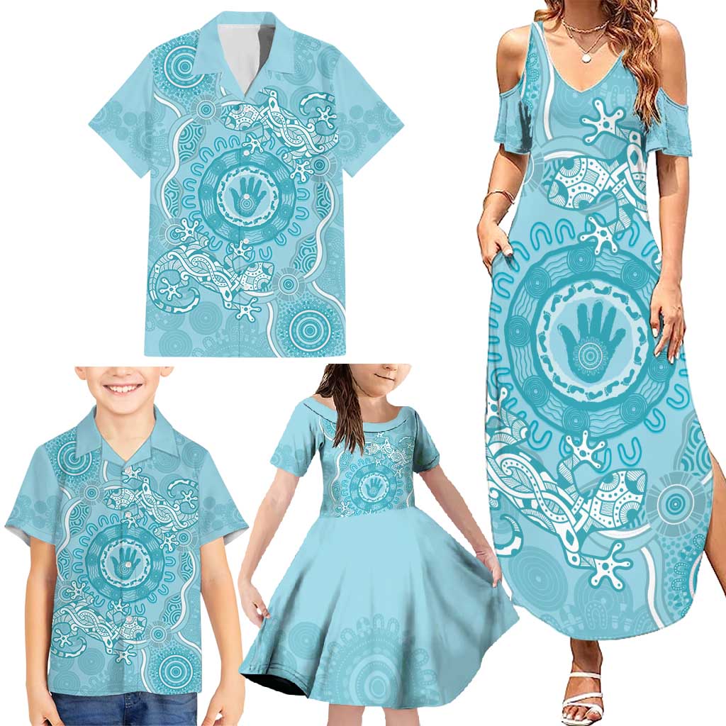 Blue Australia Lizard With Aboriginal Art Family Matching Summer Maxi Dress and Hawaiian Shirt