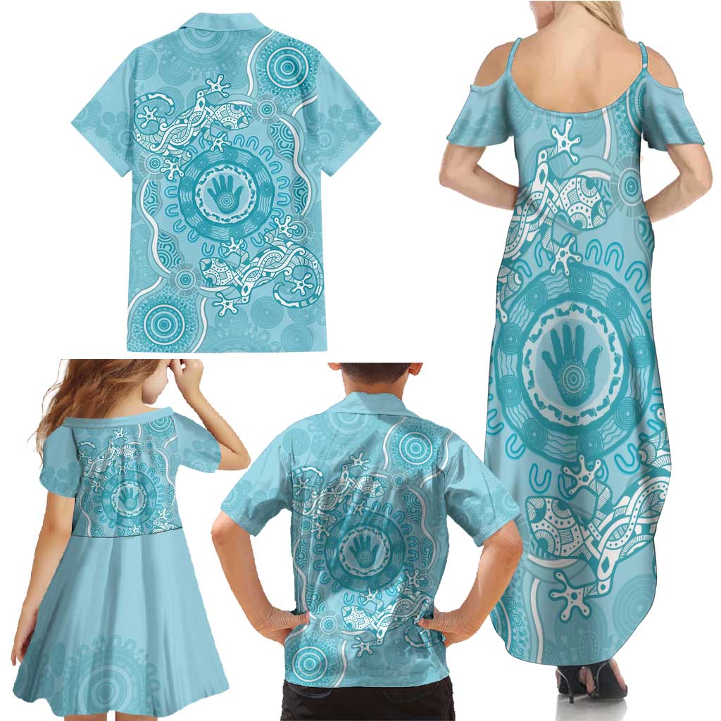 Blue Australia Lizard With Aboriginal Art Family Matching Summer Maxi Dress and Hawaiian Shirt