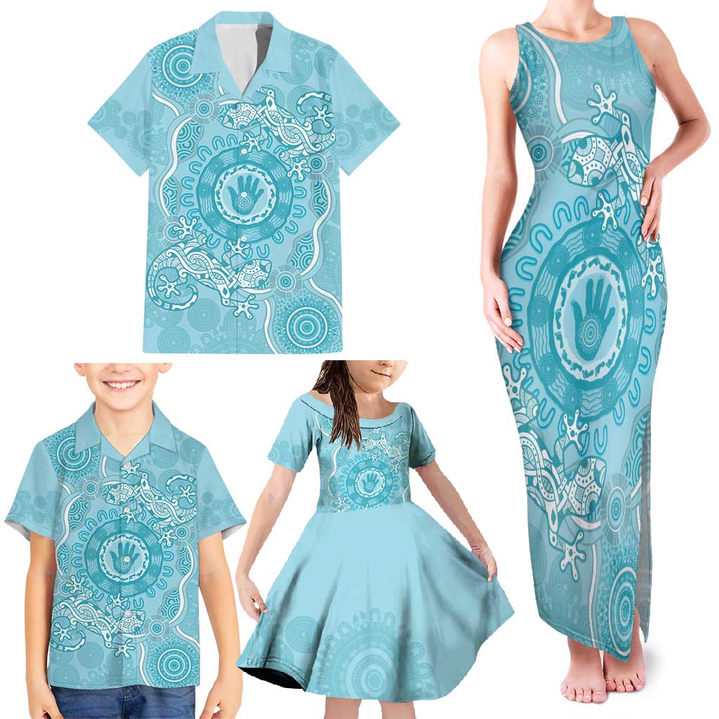 Blue Australia Lizard With Aboriginal Art Family Matching Tank Maxi Dress and Hawaiian Shirt