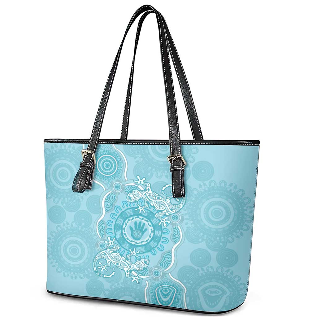 Blue Australia Lizard With Aboriginal Art Leather Tote Bag