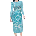 Blue Australia Lizard With Aboriginal Art Long Sleeve Bodycon Dress