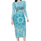Blue Australia Lizard With Aboriginal Art Long Sleeve Bodycon Dress