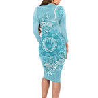 Blue Australia Lizard With Aboriginal Art Long Sleeve Bodycon Dress
