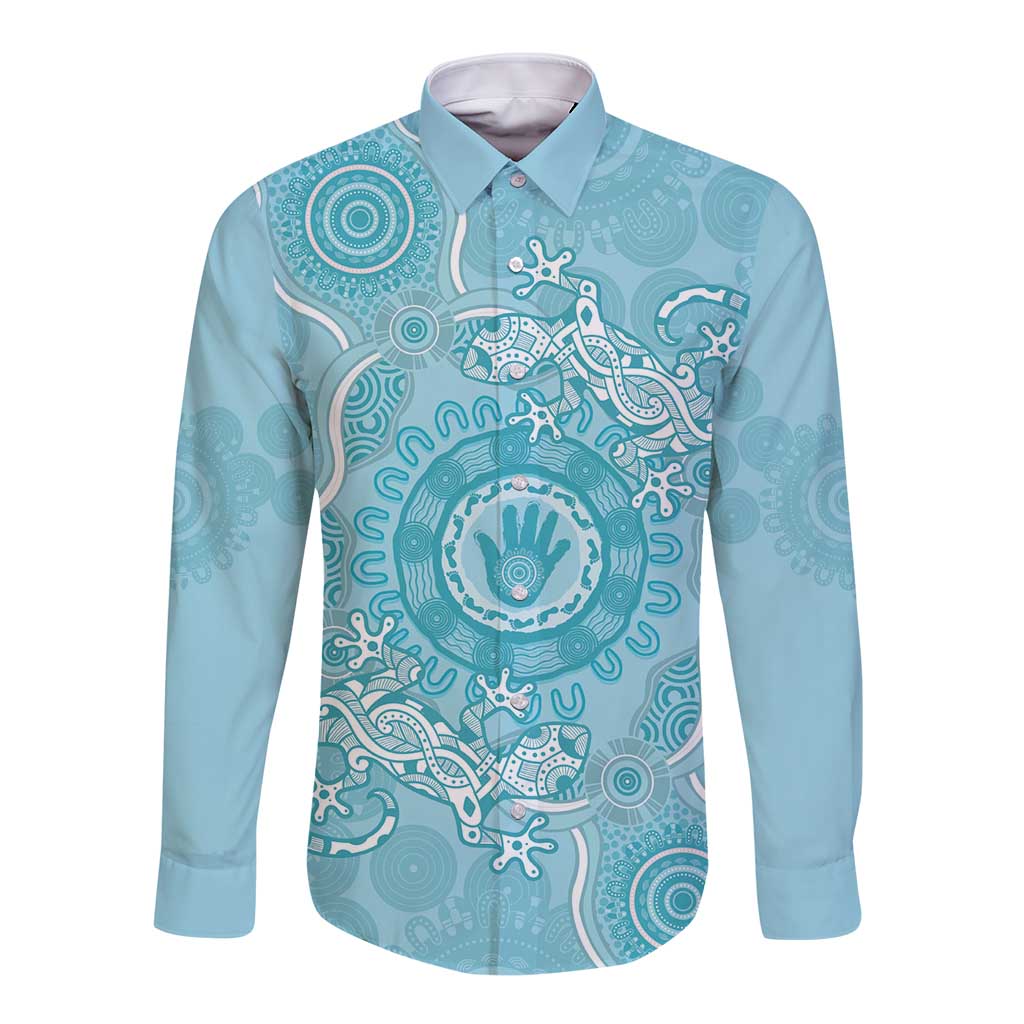 Blue Australia Lizard With Aboriginal Art Long Sleeve Button Shirt