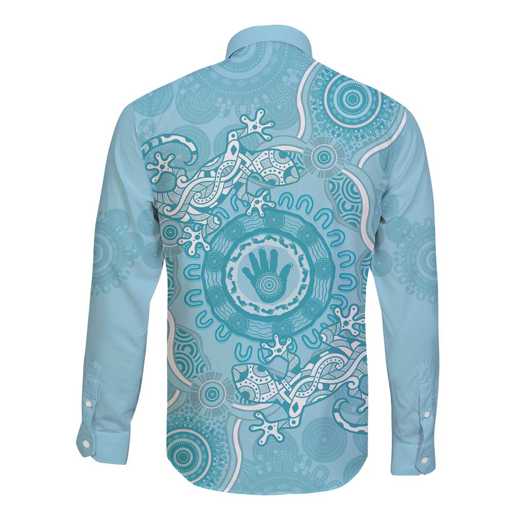Blue Australia Lizard With Aboriginal Art Long Sleeve Button Shirt