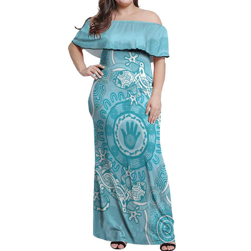 Blue Australia Lizard With Aboriginal Art Off Shoulder Maxi Dress