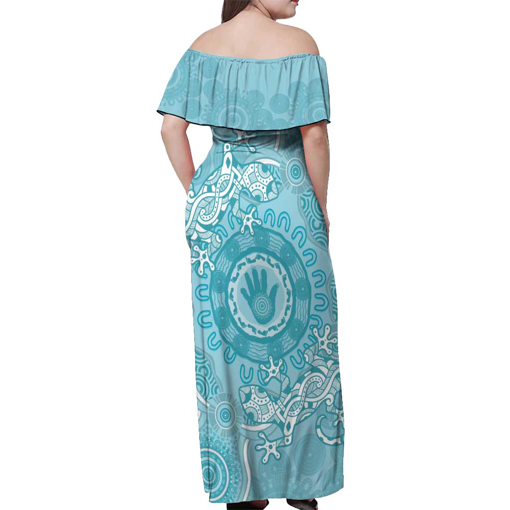 Blue Australia Lizard With Aboriginal Art Off Shoulder Maxi Dress