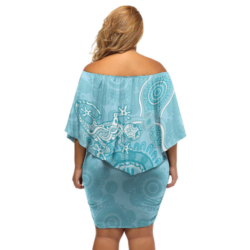 Blue Australia Lizard With Aboriginal Art Off Shoulder Short Dress