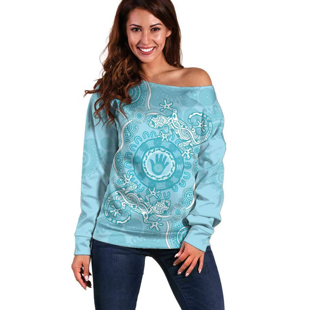 Blue Australia Lizard With Aboriginal Art Off Shoulder Sweater