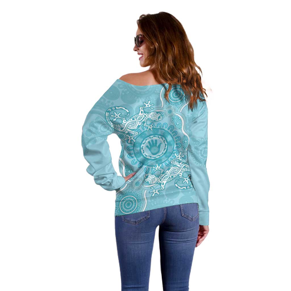 Blue Australia Lizard With Aboriginal Art Off Shoulder Sweater