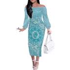Blue Australia Lizard With Aboriginal Art Off The Shoulder Long Sleeve Dress